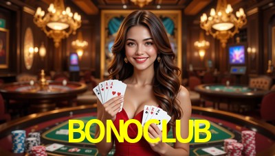 Una escena digital vívida inspirada en casino con BONOCLUB mostrado prominentemente, luces brillantes, fichas, cartas y acentos dorados.