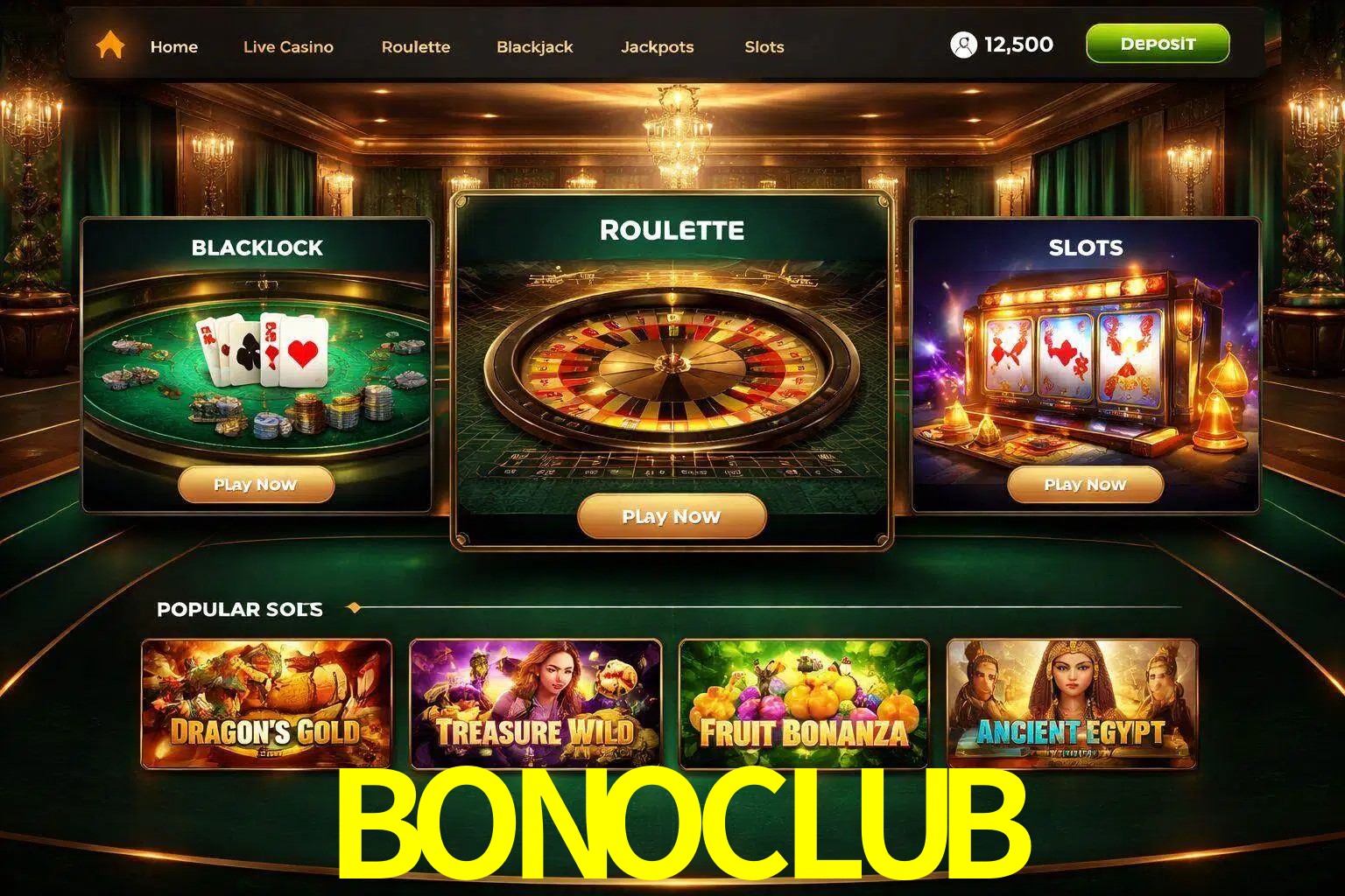 Vista de la plataforma BONOCLUB Casino mostrando categorías organizadas de juegos en línea