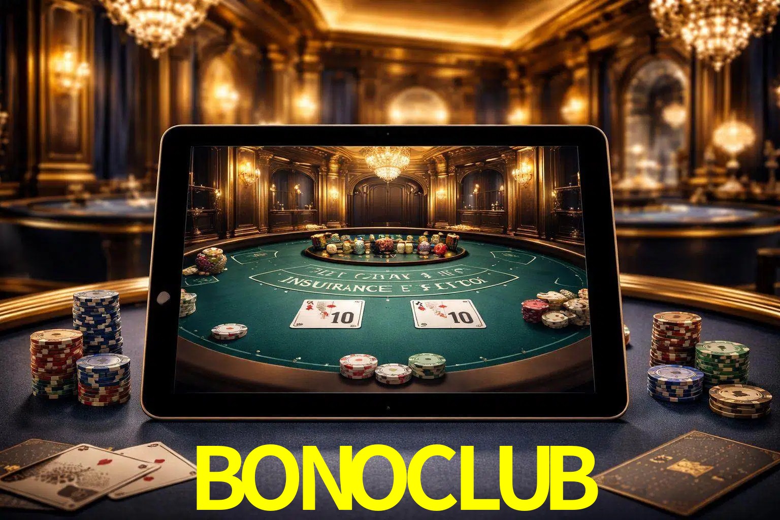 Configuración moderna de casino en vivo con una tableta mostrando una mesa de blackjack, luces cálidas de estudio y una atmósfera elegante de juegos digitales.