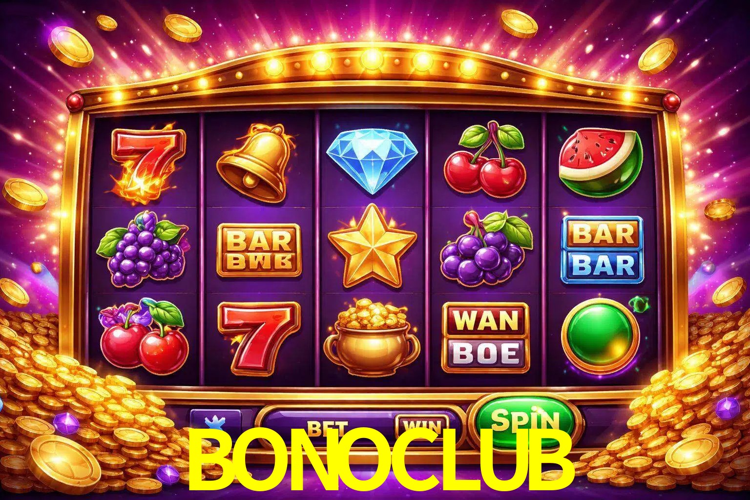 Una interfaz colorida de tragamonedas en línea con símbolos brillantes, monedas y un efecto de victoria celebratoria en BONOCLUB.