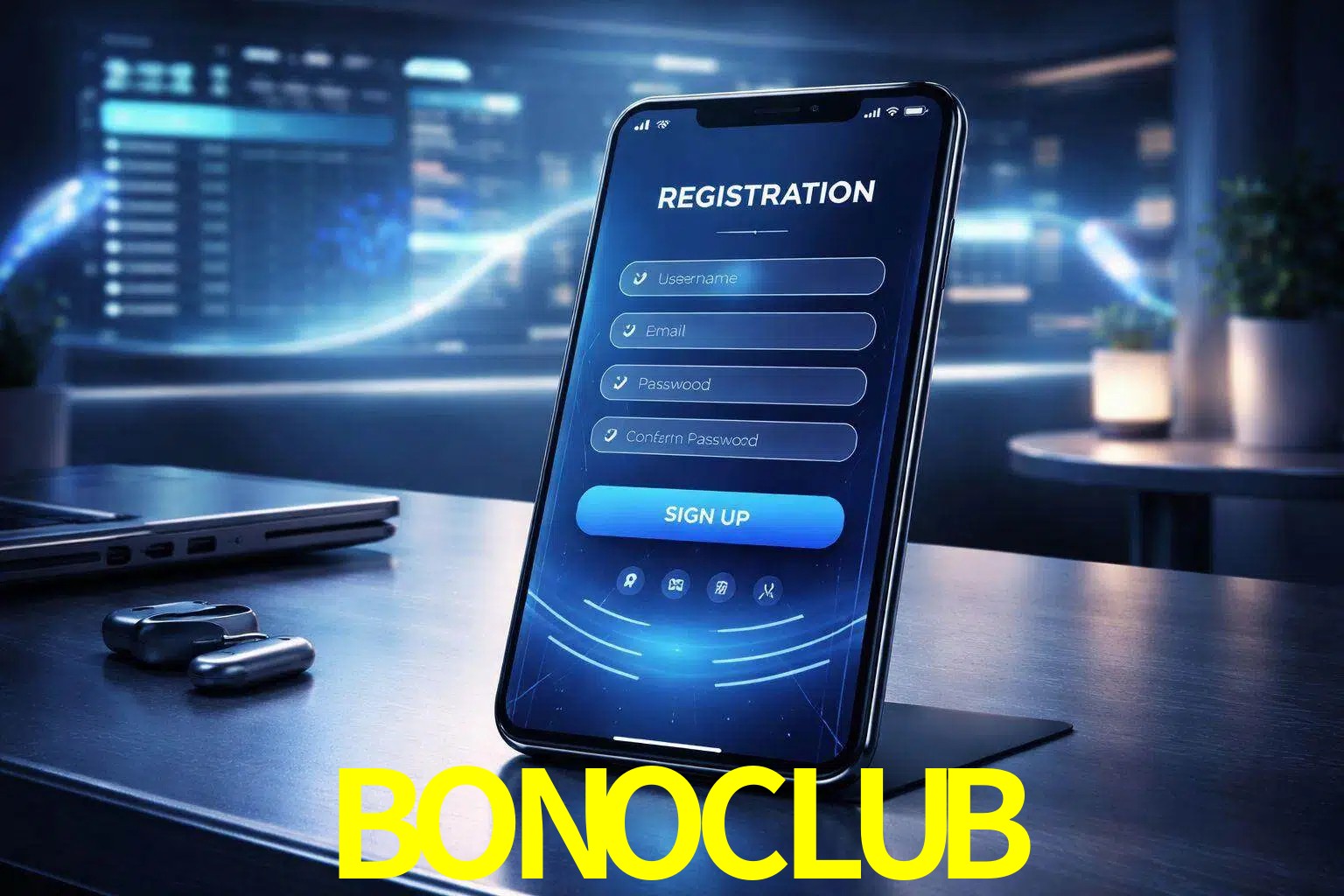 Una interfaz moderna de registro móvil para BONOCLUB mostrada en un smartphone con un panel de apuestas elegante.